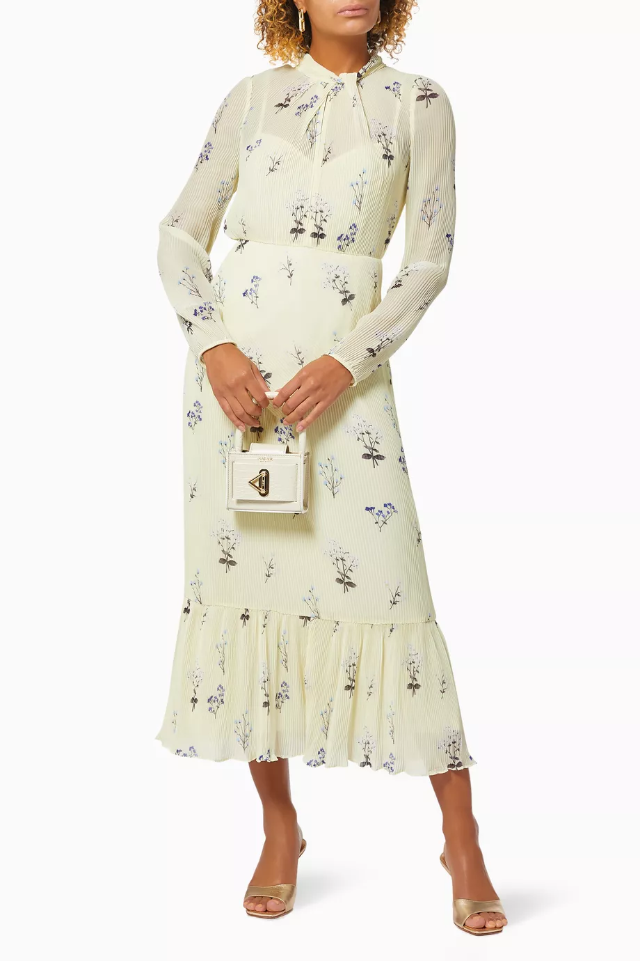 Buy Self-Portrait Yellow Vintage Floral Plisse Midi Dress in