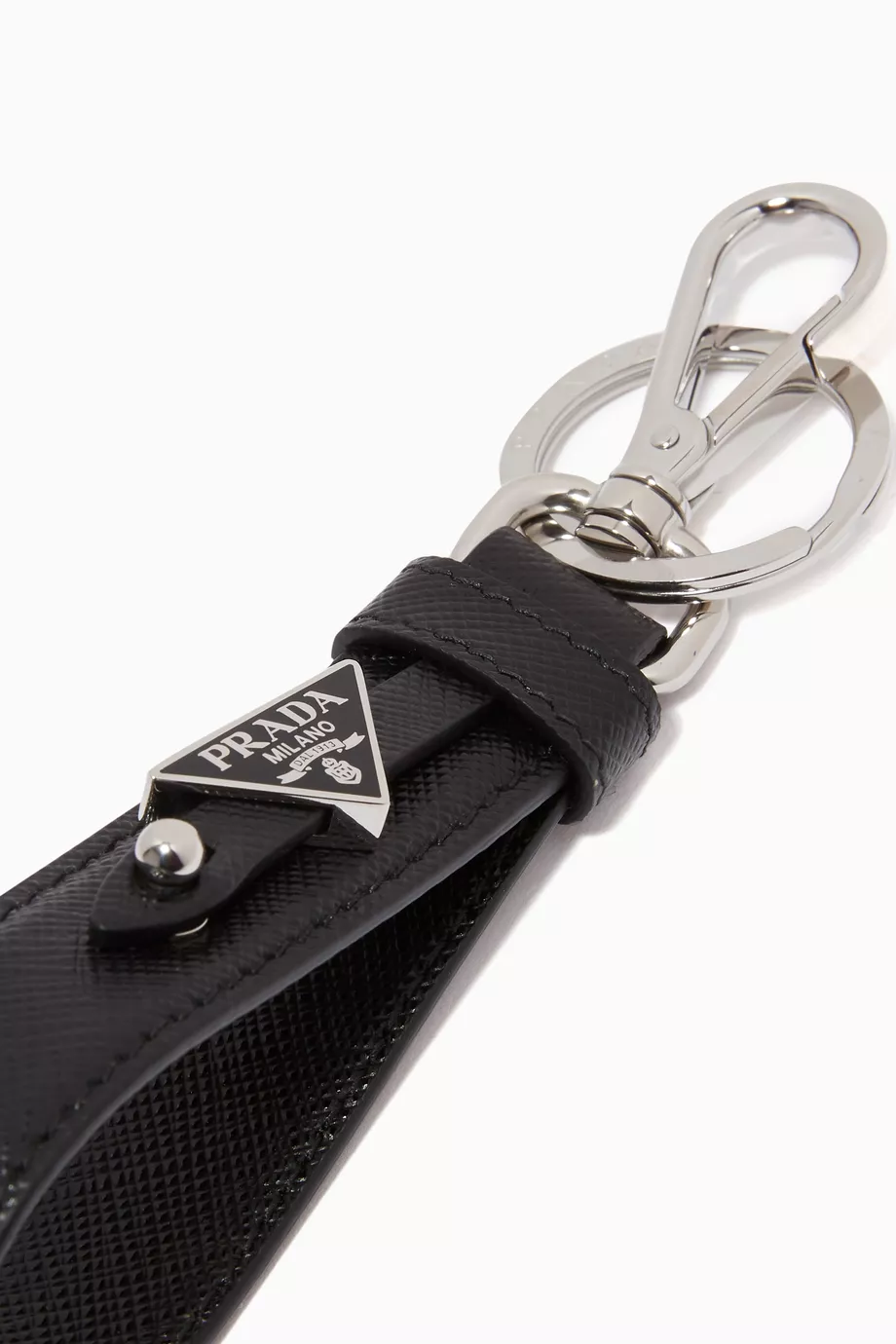 Buy Prada Black Triangle Logo Keychain in Saffiano Leather