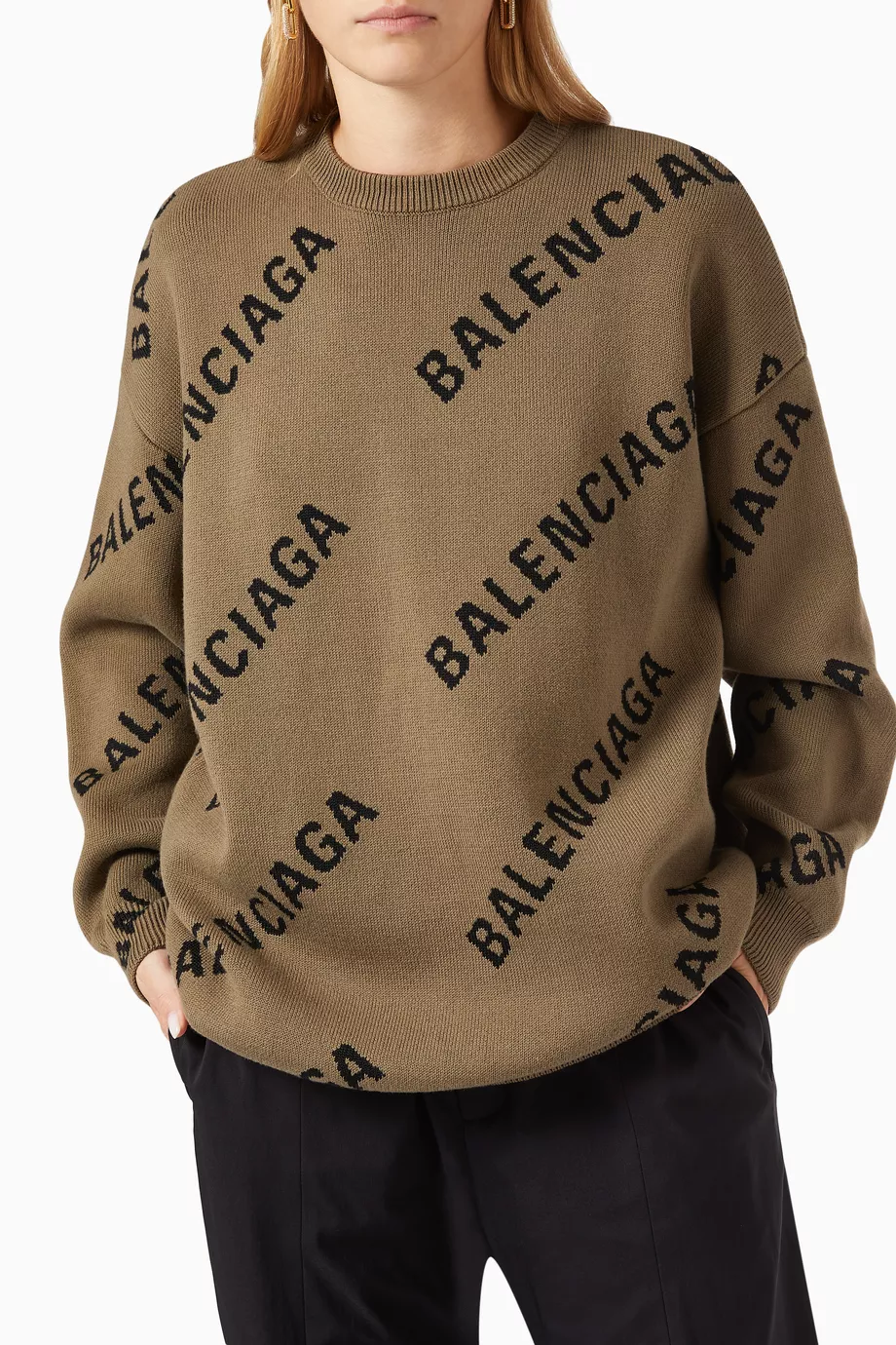 Buy Balenciaga Brown Allover Logo Crewneck in Jacquard Cotton Wool Blend Knit For Women Online Ounass UAE