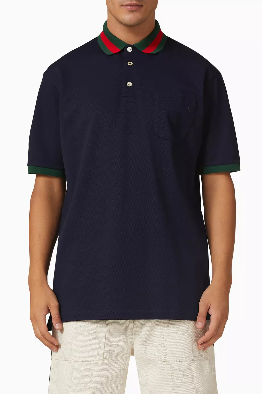 Buy Gucci Blue Web Collar Polo Shirt in Stretch Cotton Piquet For Men Online Ounass UAE