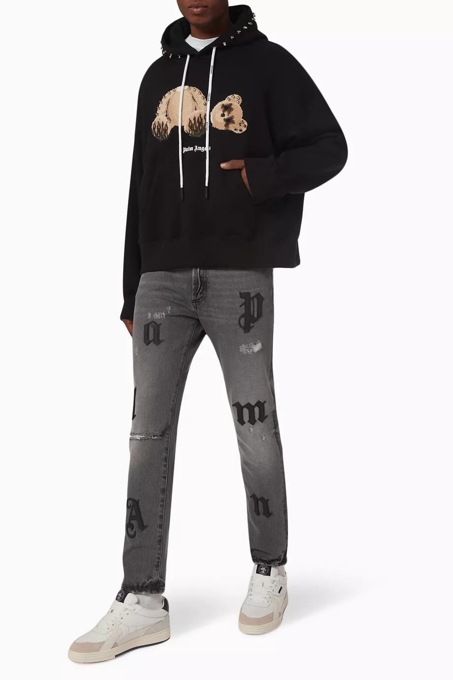 Buy Palm Angels Black Punk Bear Hoodie in Cotton For Men