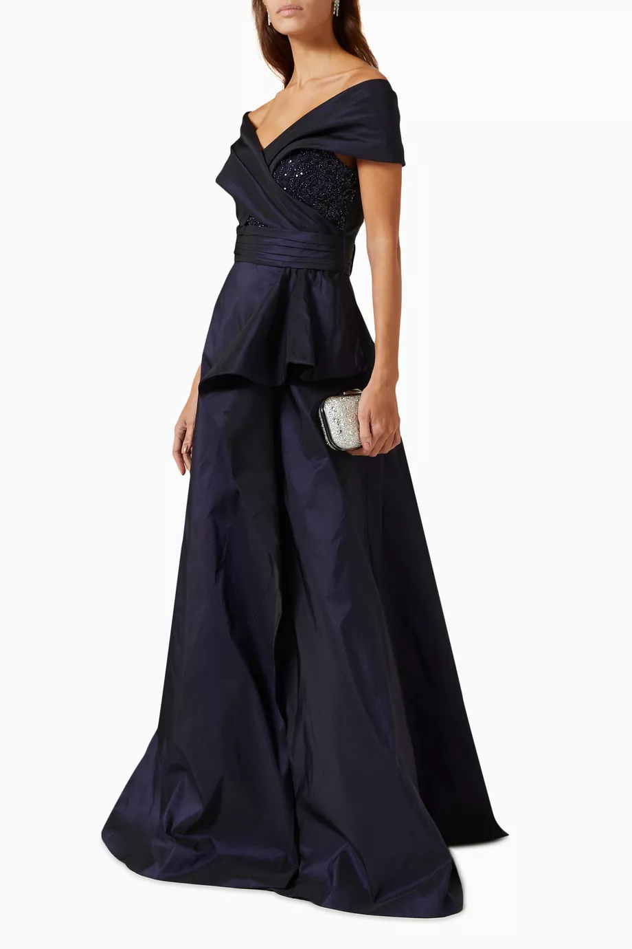 Buy Teri Jon Blue Embellished Off-shoulder Gown in Taffeta For