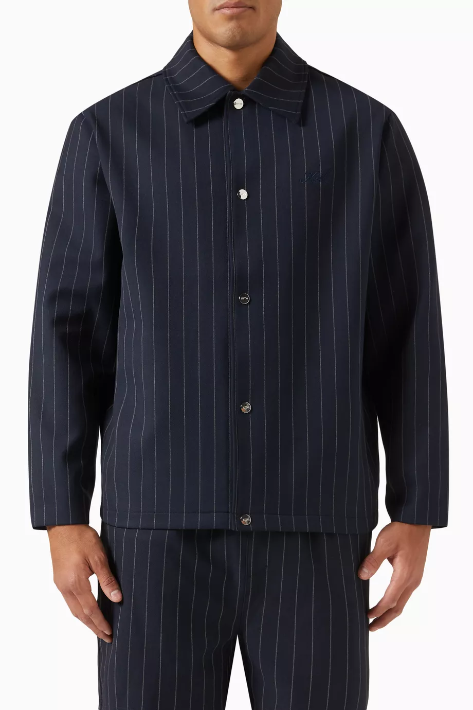 Buy Kith Blue Pinstripe Coaches Jacket in Double Knit For Men