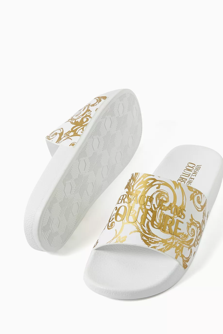 Buy Versace Jeans Couture White Shelly Baroque Logo Slides in Rubber For Women Online Ounass UAE