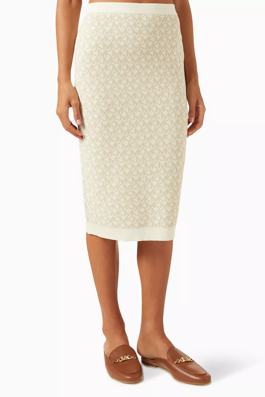 Buy Michael Kors Brown Logo Jacquard Pencil Midi Skirt in Stretch viscose For Women Online Ounass UAE