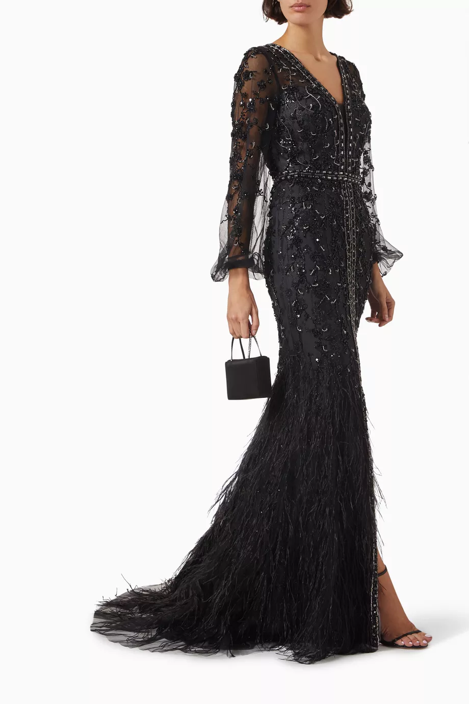 Buy Jovani Black Feather Crystal embellished Maxi Dress in Tulle For Women Online Ounass UAE
