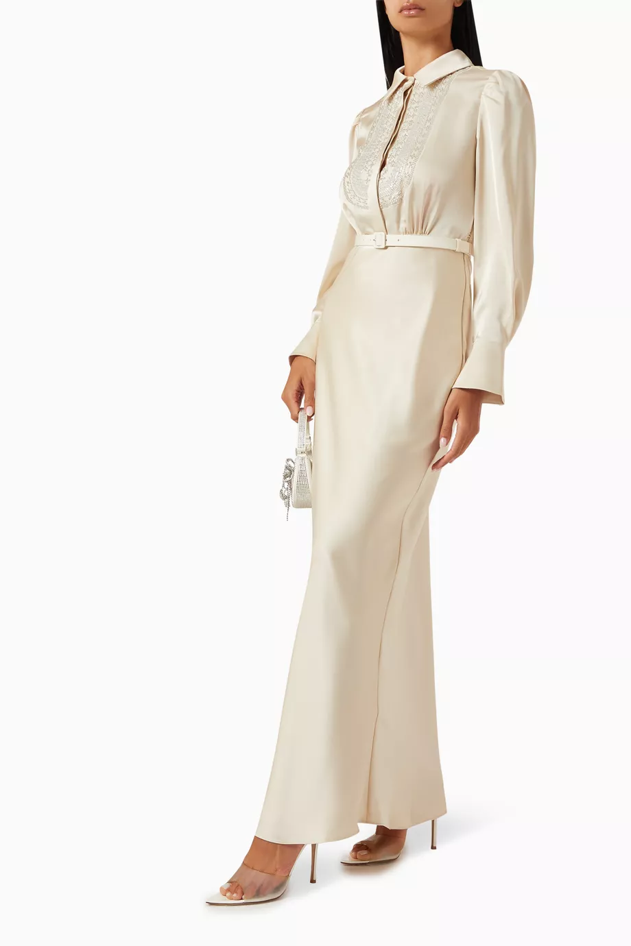 cream satin embellished bib maxi dress SELF-PORTRAIT BANGKOK | CREAM SATIN EMBELLISHED BIB MAXI DRESS
