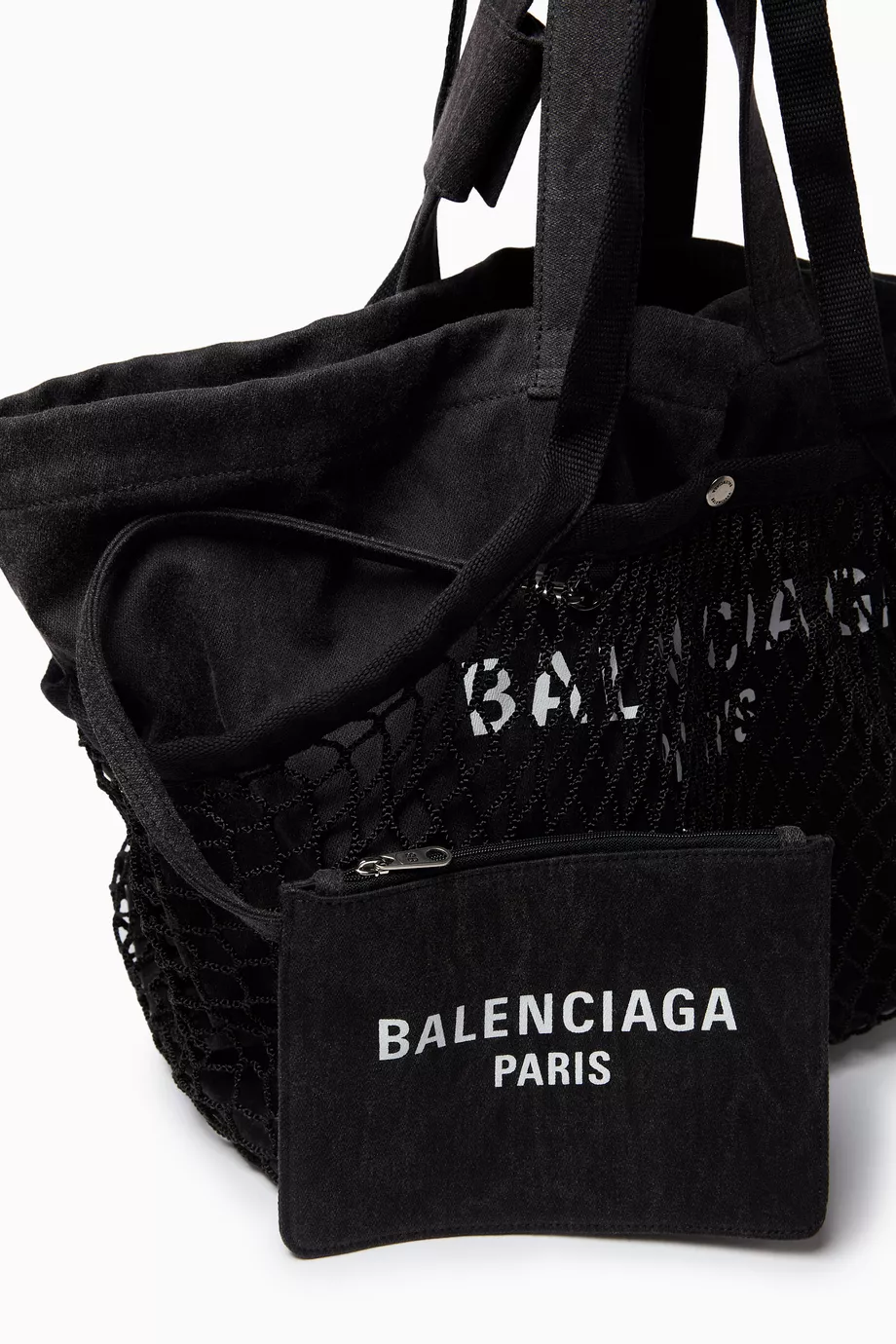【送料&関税込】Balenciaga Black Canvas And Mesh Medium 24/7 BALENCIAGA 24/7 printed canvas and crocheted tote | NET-A-PORTER