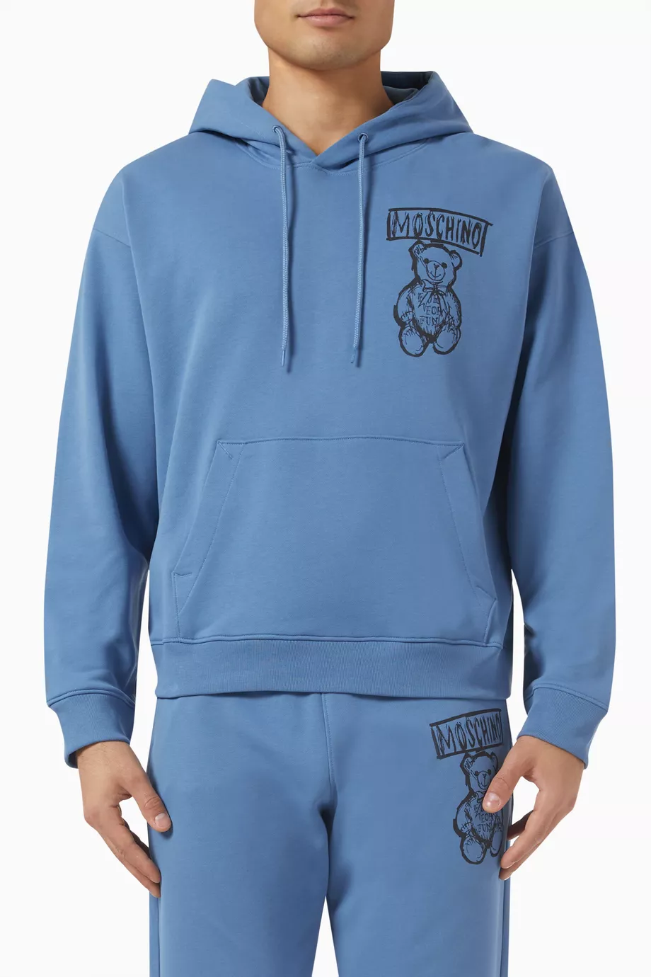 Buy Moschino Blue Teddy Bear print Hoodie in Organic Cotton For Men Online Ounass UAE