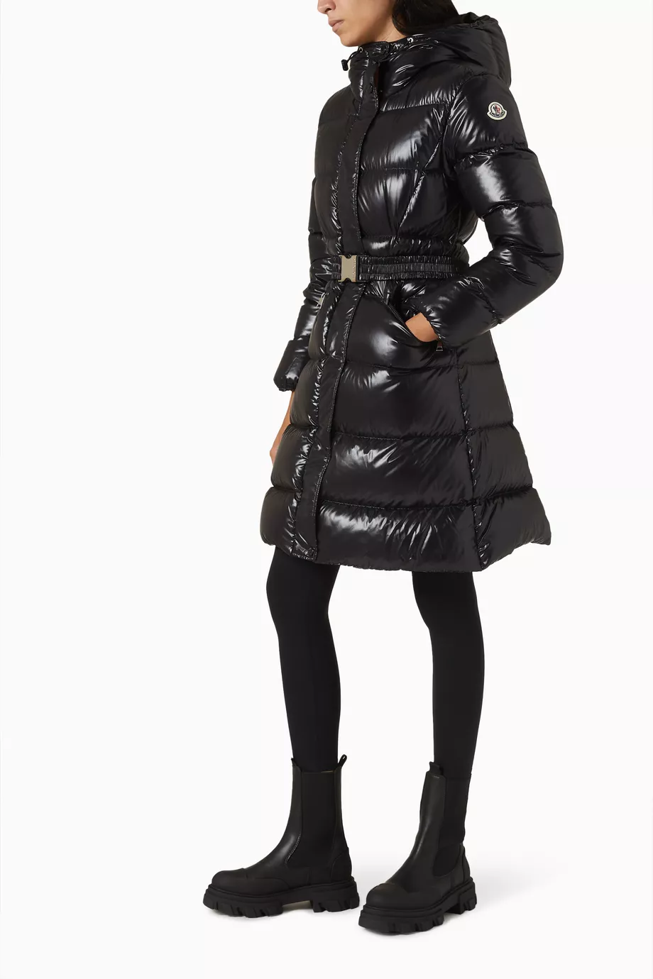 Buy Moncler Black Bellevue Long Coat in Nylon Laque For Women Online Ounass UAE