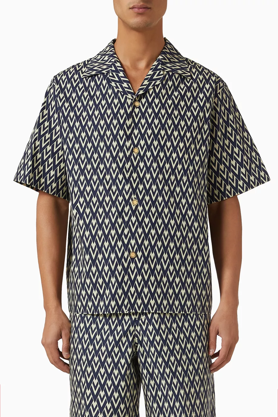 Buy Valentino Garavani Blue Toute la V Print Bowling Shirt in