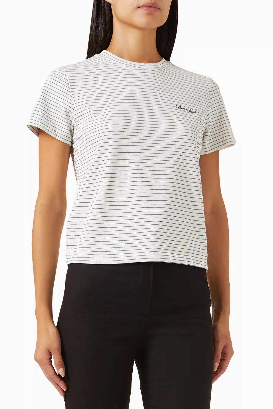 ★Dunst★ ESSENTIAL STRIPE LOGO TSHIRT CREAM GREY STRIPE_UDT Women's Dunstan Short-Sleeve Stripe T-Shirt